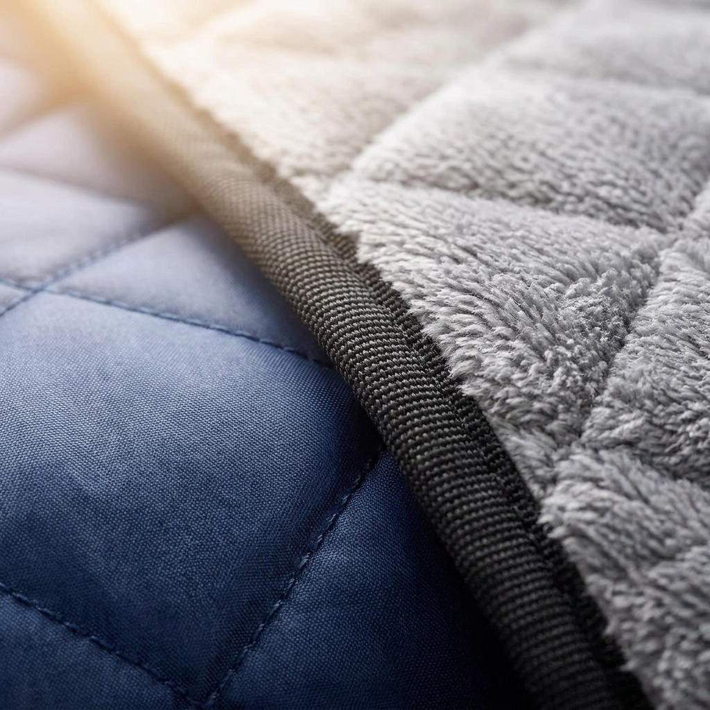 Close-up of the navy quilted outer fabric, black binding and grey plush lining