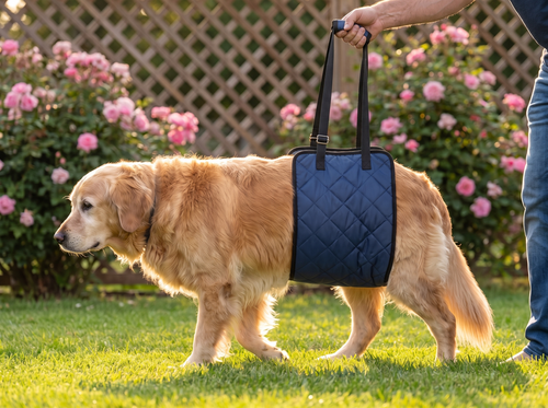Senior golden retriever walking on a lawn supported by the navy lift sling