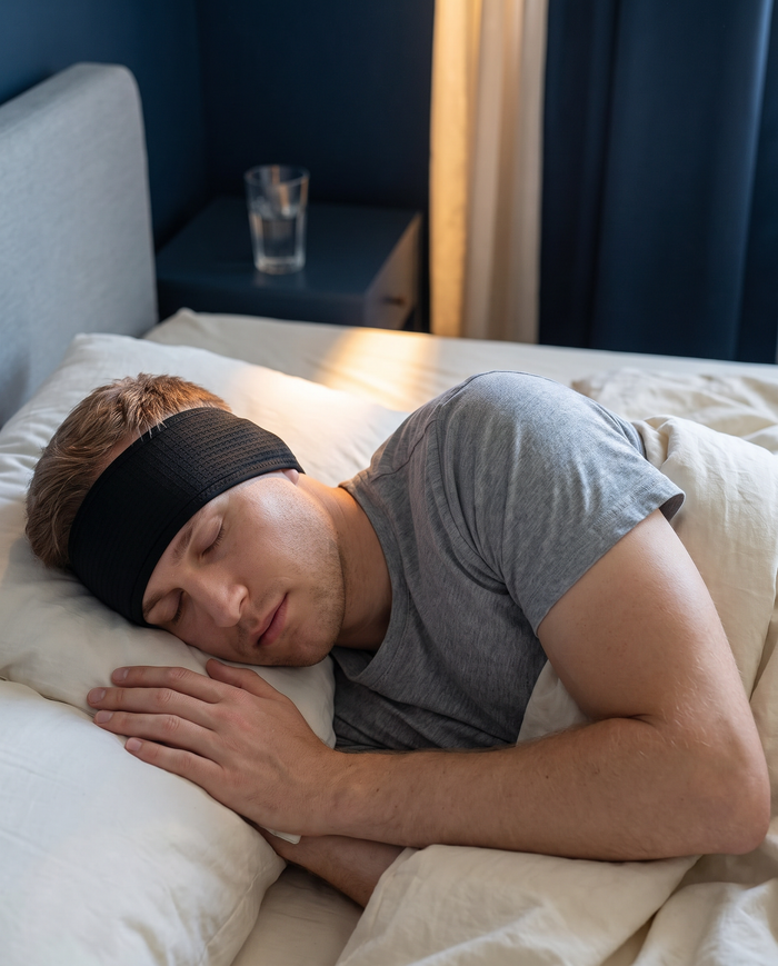 Man sleeping through sunrise light wearing the Lullwave Band as a sleep mask