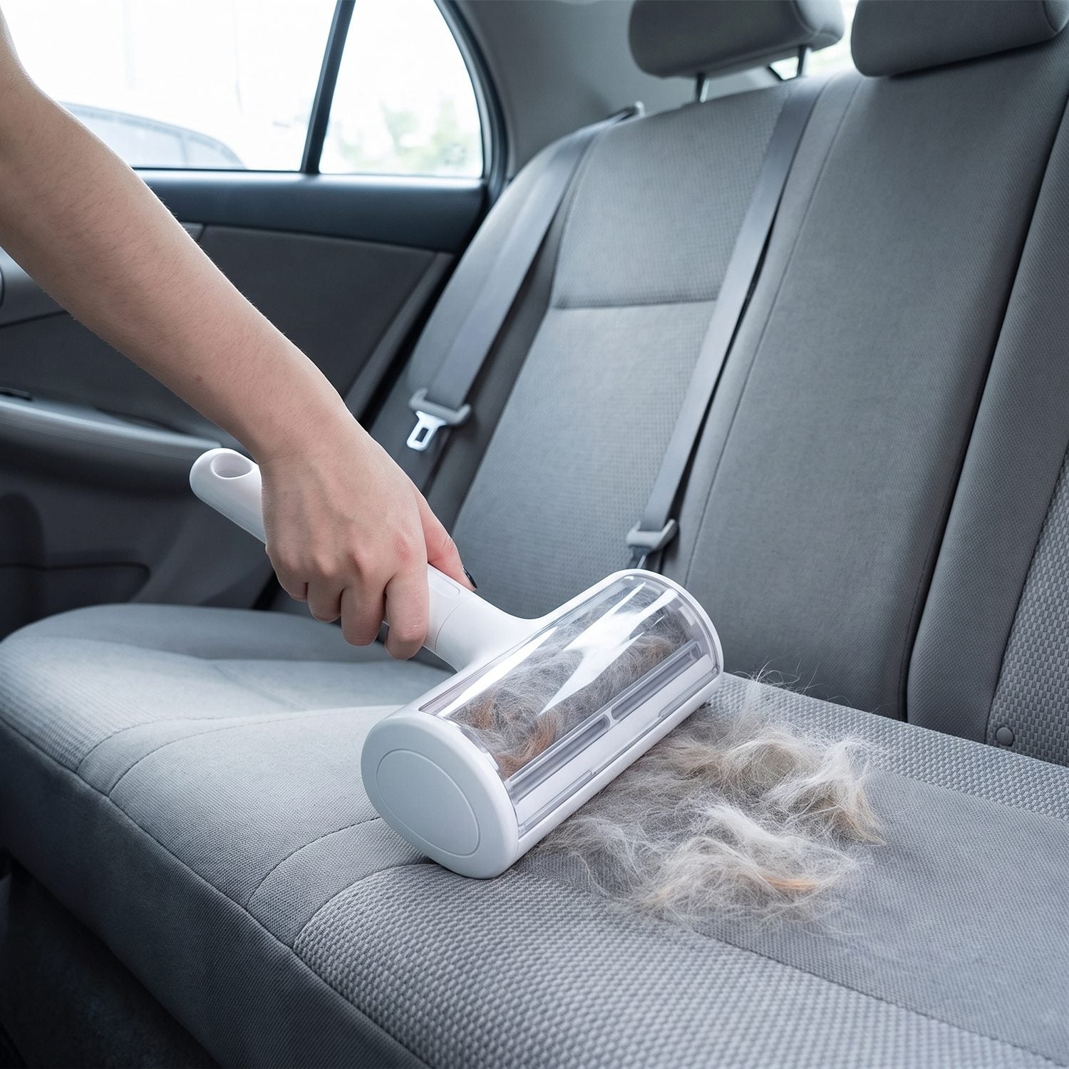 Clearing shed hair off a car's back seat with the roller brush
