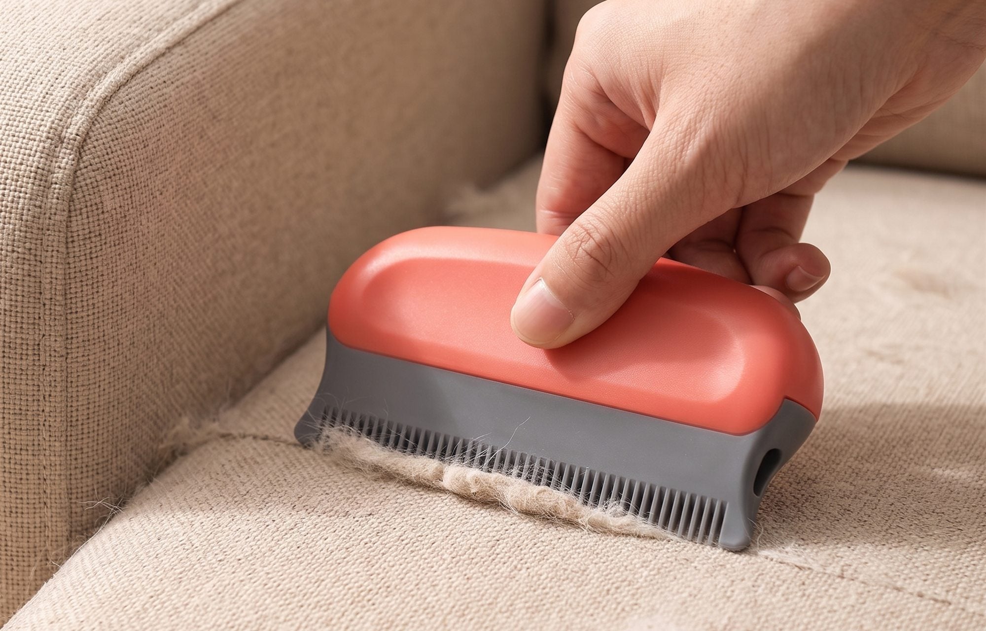 The mini detailer lifting embedded hair off a linen couch cushion